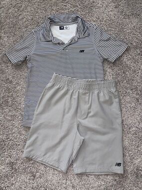 New Balance black & White Striped Polo with Light Gray Athletic Shorts boys 5/6.